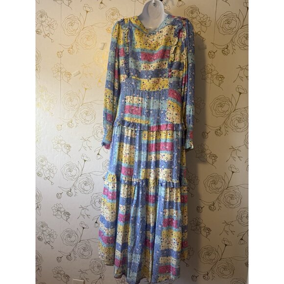 BTFL-Life Dress Size Medium Anthropologie Patchwork Pastel  Long Sleeve Midi - Picture 6 of 6